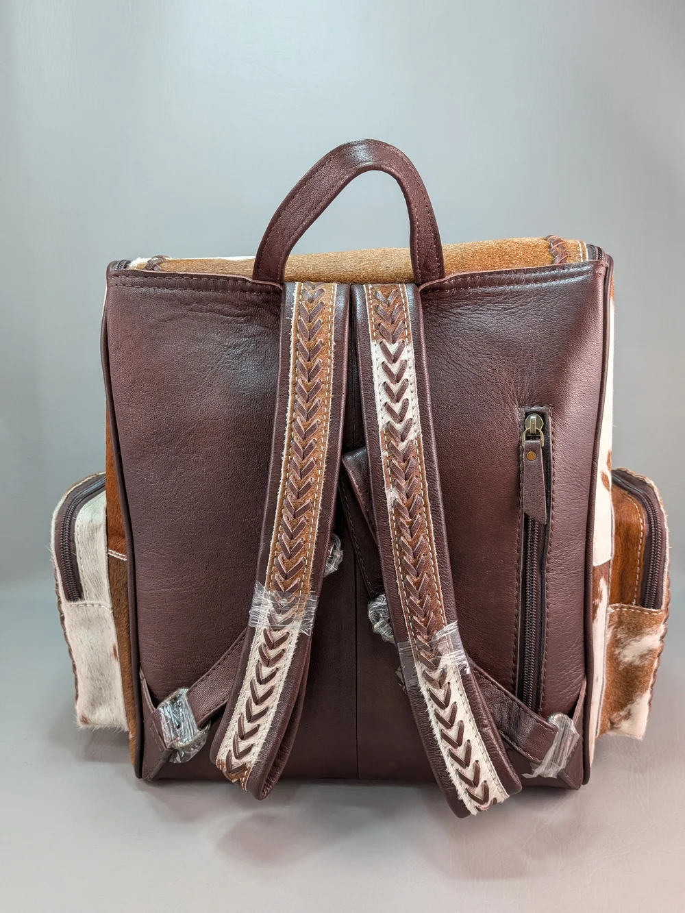 NWOT Western Leather Backpack Hair-On Hide Laptop Travel Diaper Turquoise Concho